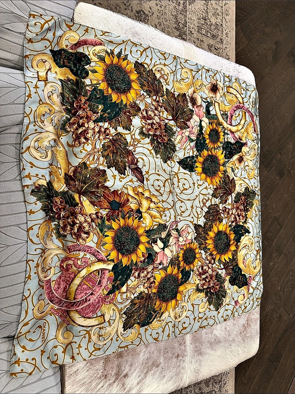 Chanel Sunflower and Grapes Silk Scarf in Blue & Gold